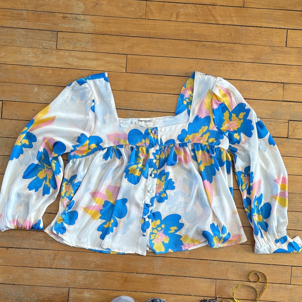 EUC Impressions White Square-Neck Blouse with Blue & Yellow Floral Print